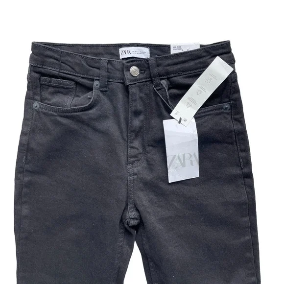 NWT ZARA Women's Black Mid Rise Frayed Hem Flared Cropped Denim Jeans - Picture 5 of 10